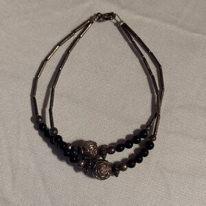 Rose Beads Silvertone Bracelet Black Beads
